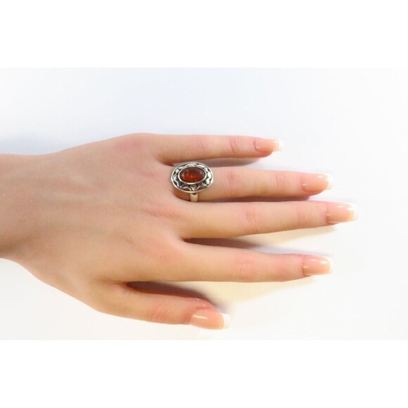 Pierced Silver & Orange Amber Cabochon Vintage Sterling Silver Ring Size 5.25 - Picture 2 of 7